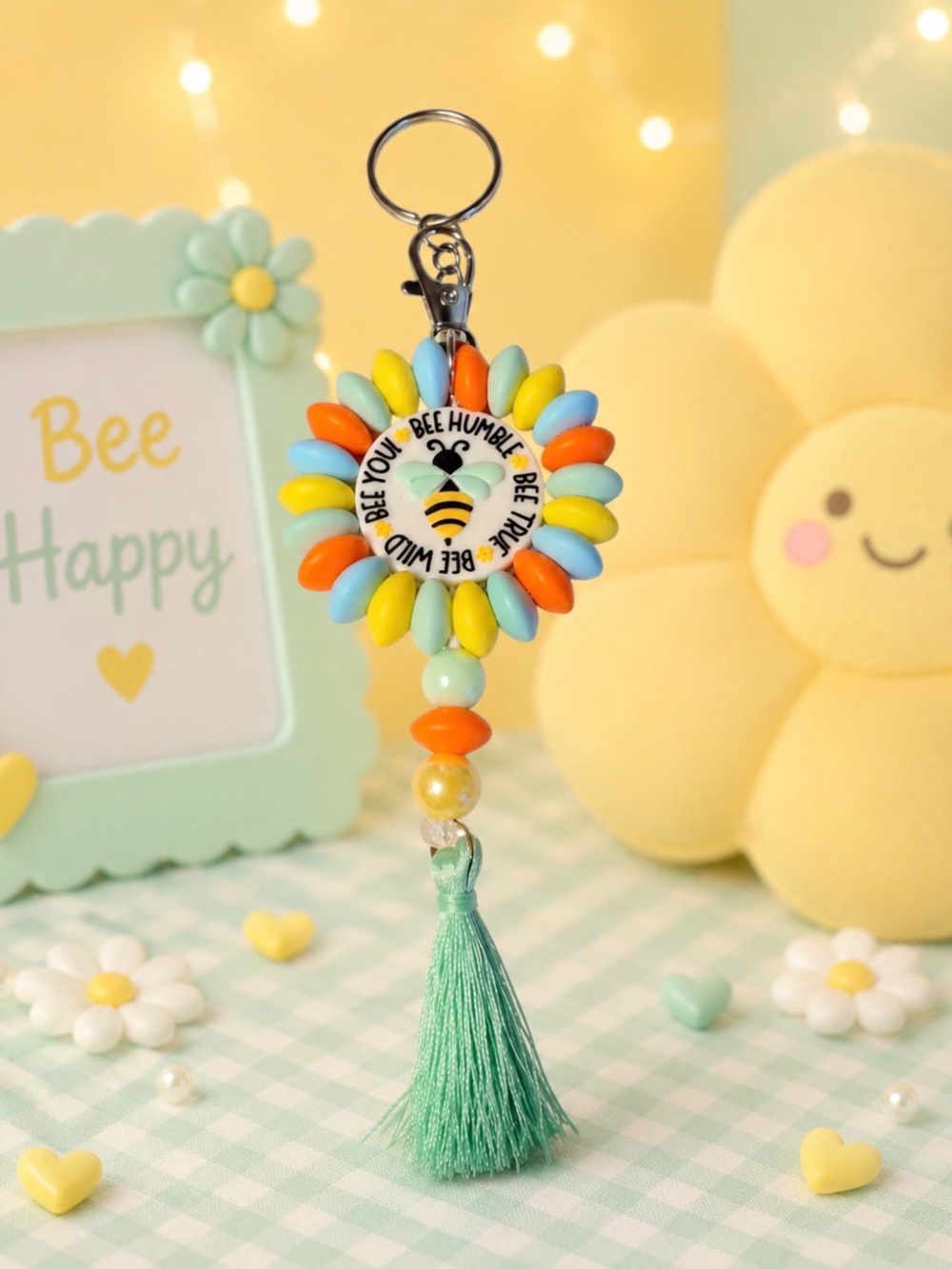 Handmade Bee Happy Colorful Flower Tassel Keychain - Multicolor